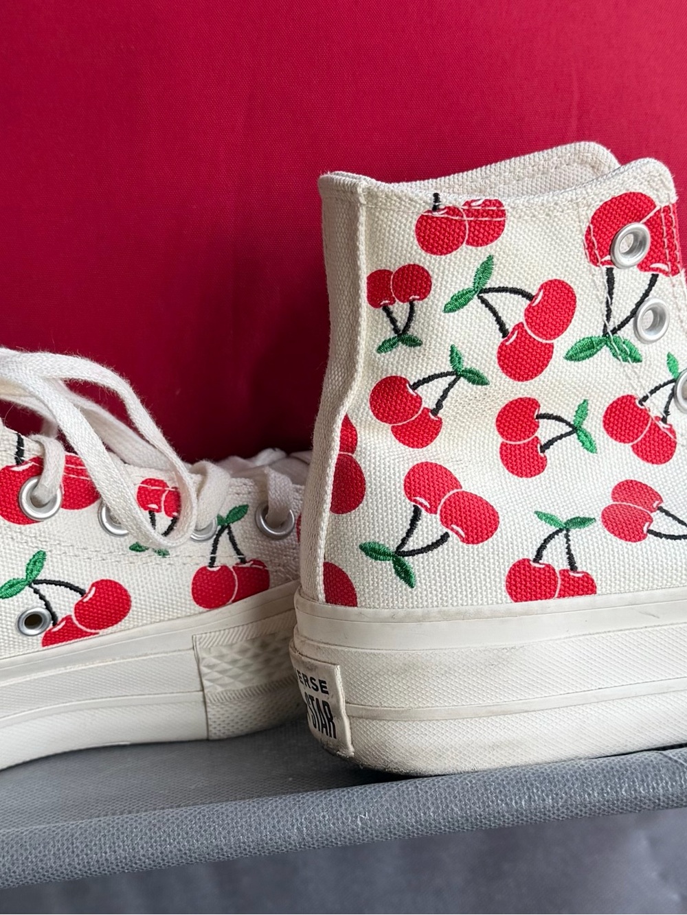 Converse Kids High-Top Canvas Sneakers in Cream with Red Cherry Print